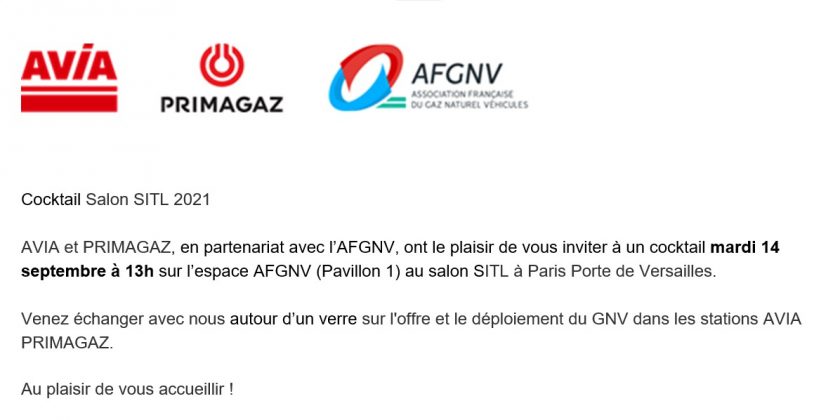 Le 14 septembre, AVIA et PRIMAGAZ vous donnent rendez-vous à 13h00 sur l’espace AFGNV de la SITL